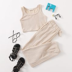 Вязаная короткая майка и джоггеры в рубчик для девочек Shein