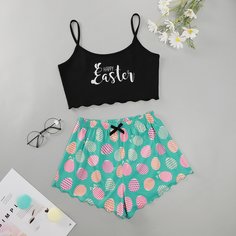 с бантом Мультяшный принт милый Пижама Shein