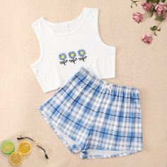 Пижама в клетку с цветочным принтом Shein