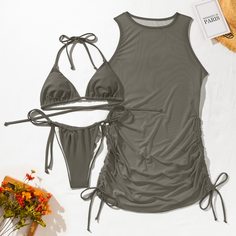 Бикини с треугольнами чашечиками и накидка 3шт Shein