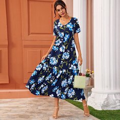 Платье с цветочным принтом и v-образным воротником Shein