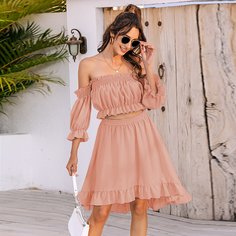 Кроп топ с открытыми плечами и асимметричная юбка Shein