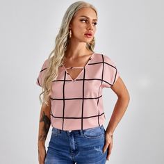 Топ В Клетку С V-образным Вырезом Shein