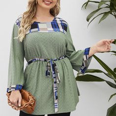 Футболка в клетку с поясом размера плюс Shein