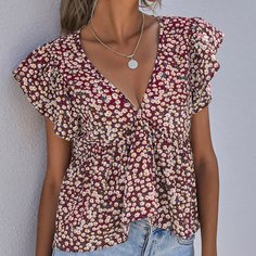 С оборками цветочный Бохо Блузы Shein