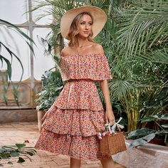 Платье с открытыми плечами и цветочным принтом Shein