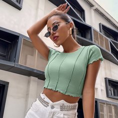 Волнистый край Одноцветный Повседневный Футболки Shein