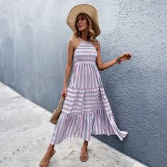 Открытая спина Полосатый Бохо Платье Shein
