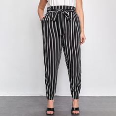 Карман Полосатый Повседневный Брюки размер плюс Shein