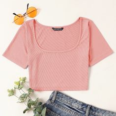Вязаная короткая футболка в рубчик Shein