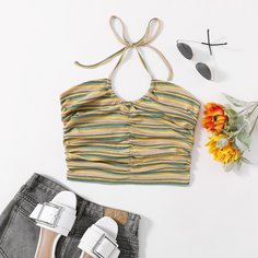 Укороченный трикотажный топ в полоску в рубчик со шнуровкой на шее Shein