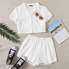 Однобортная однотонная блуза и шорты Shein