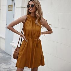 с поясом Полосатый Повседневный Платье Shein