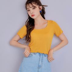 Волнистый край Одноцветный Повседневный Футболки Shein