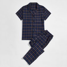 Пуговица Клетка Повседневный Мужская домашняя одежда Shein