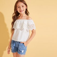 Топ с оборкой и контрастным кружевом для девочек Shein