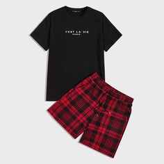 Мужские шорты в клетку и топ с текстовым принтом Shein