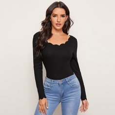 Вязаная футболка в рубчик с фестончатым краем Shein