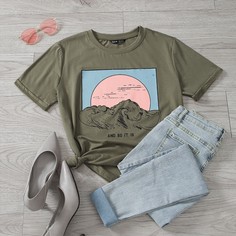 Футболка с принтом японской волны и текстовым принтом Shein