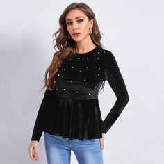Нитка жемчуга Одноцветный Элегантный Футболки Shein