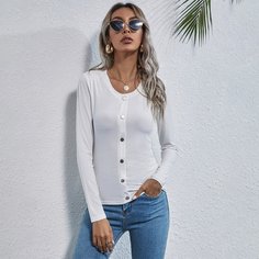 Однотонная трикотажная футболка с пуговицами Shein