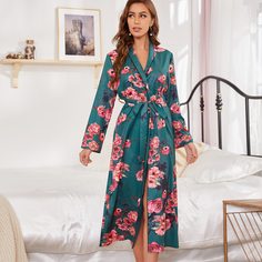 с поясом Со цветочками Элегантный Ночной халат Shein