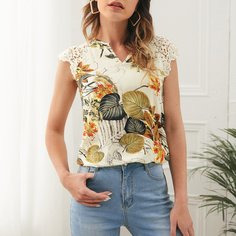 Контрастные кружева Цветочный Бохо Блузы Shein