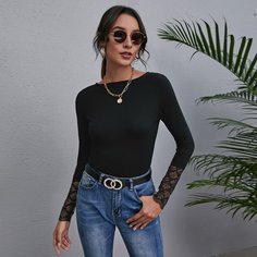 Контрастные кружева Одноцветный Элегантный Футболки Shein
