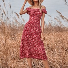 Платье с открытыми плечами и цветочным принтом Shein