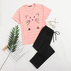 на кулиске Полосатый милый Пижама Shein