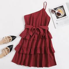 с оборками Одноцветный Бохо Платье Shein