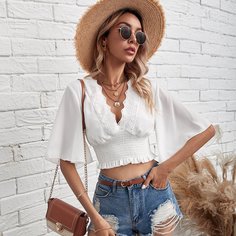 Оборка Одноцветный Бохо Блузы Shein