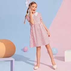 Платье в клетку с кружевным воротником для девочек Shein