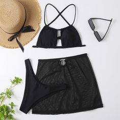 3шт пляжная юбка и бикини с разрезом Shein