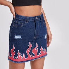 Джинсовая юбка с принтом "пламя Shein