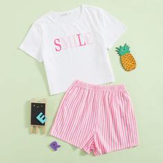 Пижама в полоску с текстовым принтом для девочек Shein