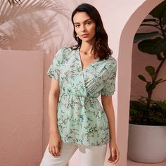 С оборками Растения Бохо Блузы Shein