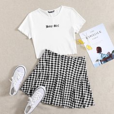 Топ с текстовой вышивкой и юбка в клетку Shein