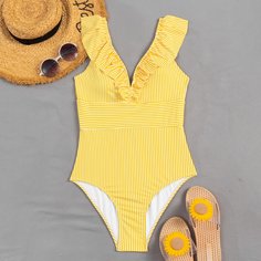 Слитный купальник с оборками в полоску Shein