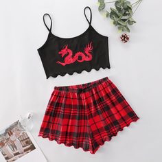 с бантом Клетка милый Пижама Shein