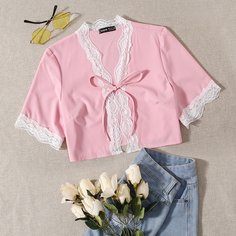 Кроп топ с кружевной отделкой и узлом Shein