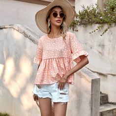 Блузка в клетку с цветочным принтом Shein