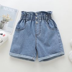 Карман Одноцветный Джинсовые шорты для девочек Shein