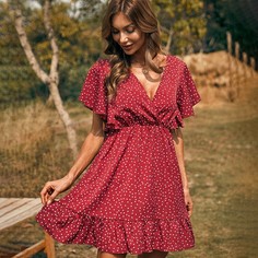 с оборками В горошек Бохо Платье Shein