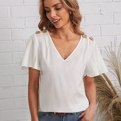 Однотонный топ с v-образным воротником и пуговицами Shein