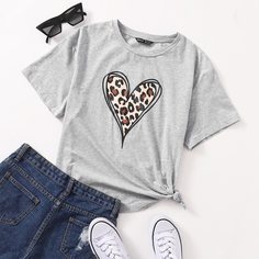 Леопардовый Повседневный Футболки Shein