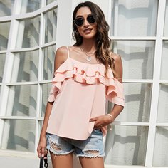 с оборками Одноцветный Бохо Блузы Shein