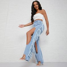 Рваные асимметричные джинсы с бахромой и высокой талией Shein