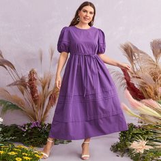 Платье размера плюс с пышными рукавами и узлом Shein