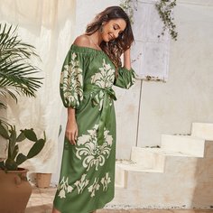 с поясом Цветочный принт Повседневный Платье Shein